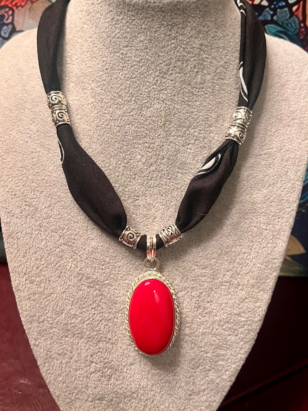 Handmade Red Coral on a Premium Black Bandana Scarf Necklace
